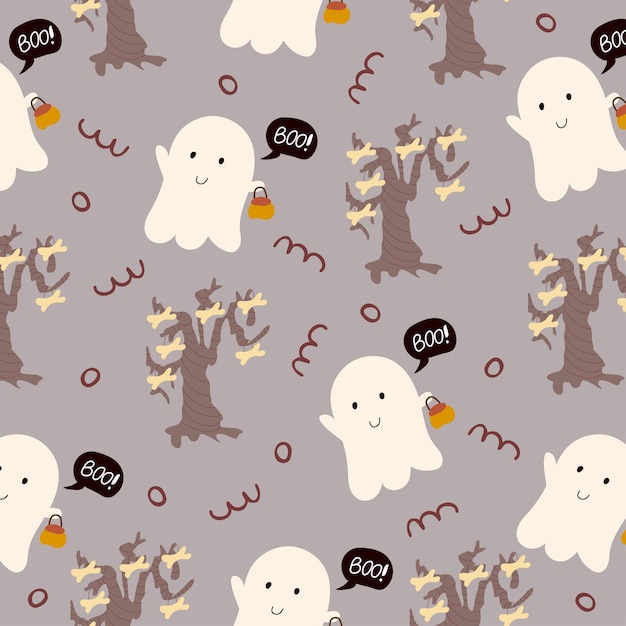 Seamless pattern for Halloween holiday with cute cartoon ghost and bones.