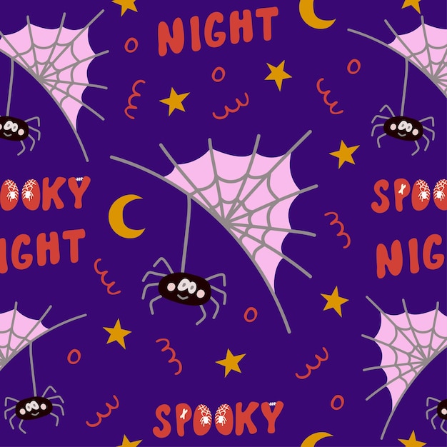 Seamless pattern for Halloween holiday with cute spider and spooky night lettering.