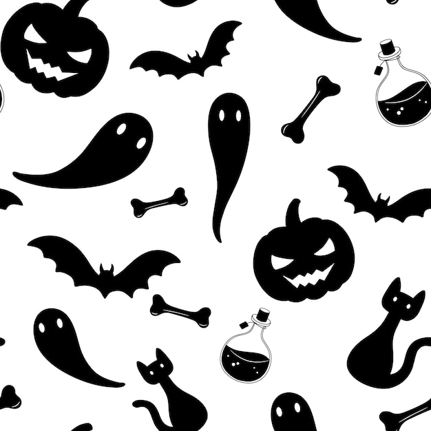 Seamless pattern for Halloween party with ghost pumpkin and bat Vector monochrome endless pattern on white