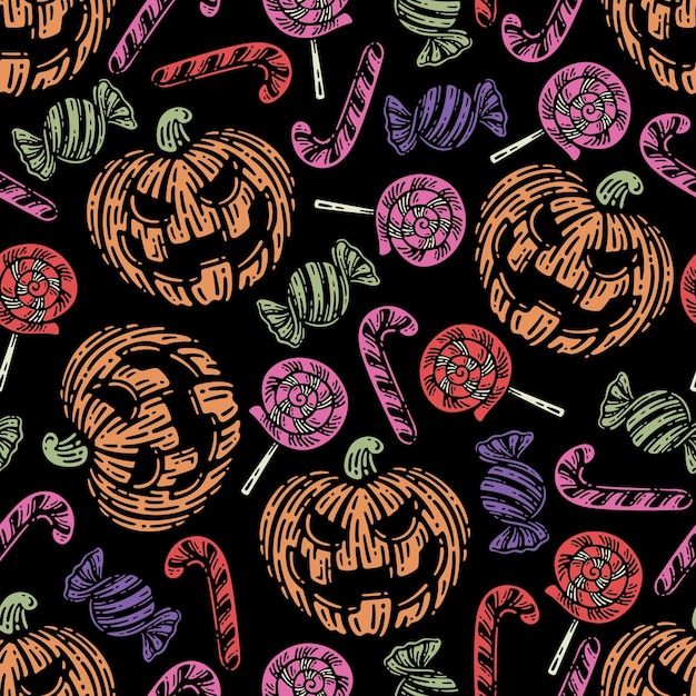 seamless pattern of Halloween with candy elements in dark background