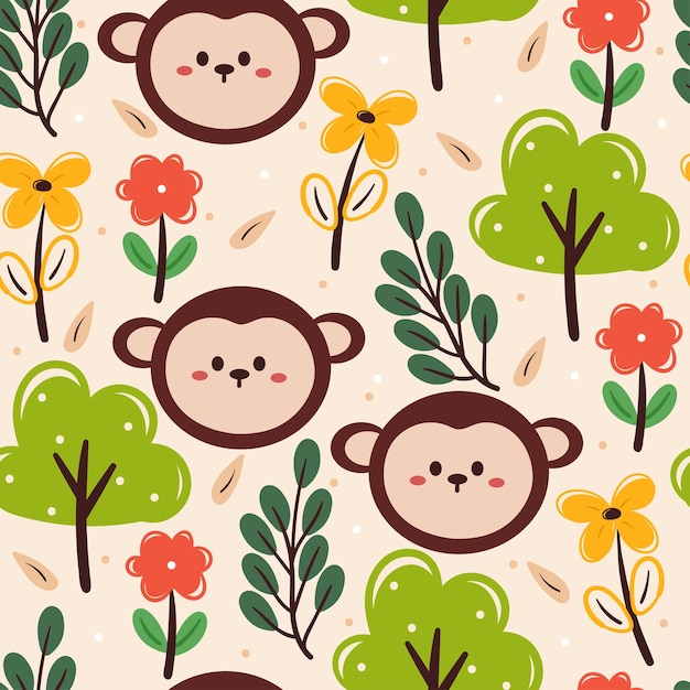 seamless pattern hand drawing cartoon monkey and flower animal drawing for fabric print textile