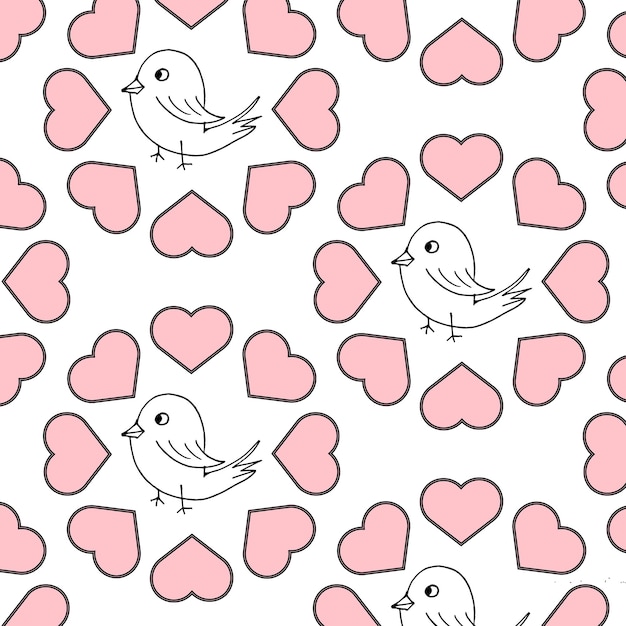 seamless pattern hand drawn abstract birds on a background of pink hearts