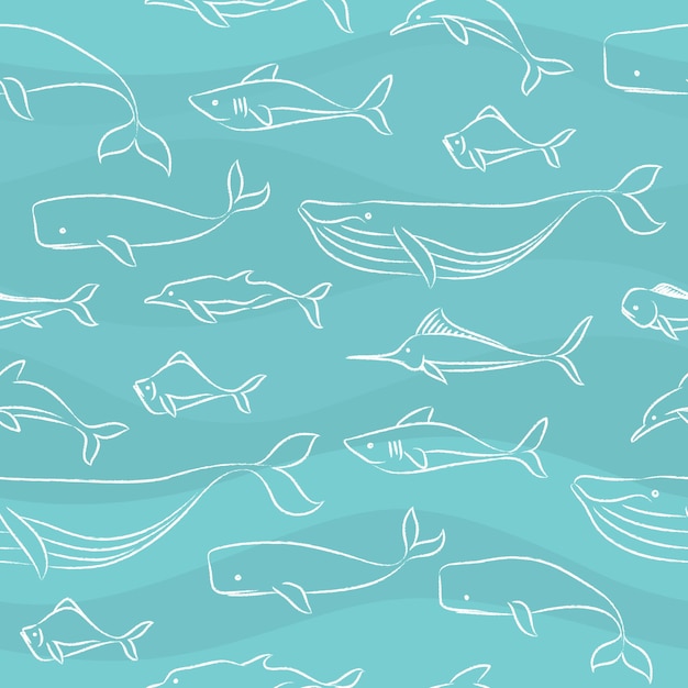 Seamless pattern of hand drawn big sea fishes