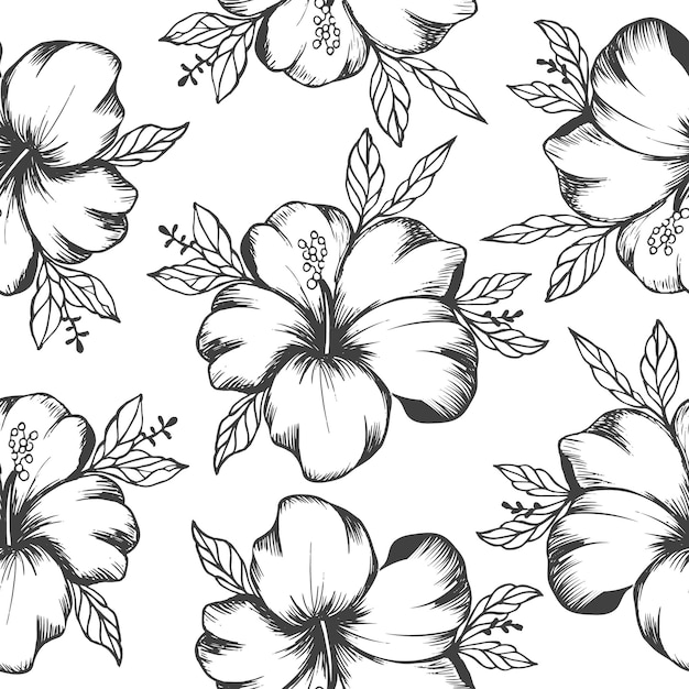 Seamless pattern, hand drawn black outline hibiscus flowers. Retro print, textile, background