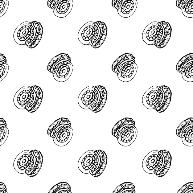 Seamless pattern Hand drawn brake disk doodle. Sketch style icon. Decoration element. Isolated on white background. Flat design. Vector illustration.