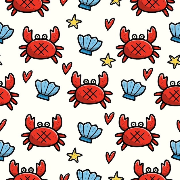 seamless pattern of hand drawn cartoon crab doodle