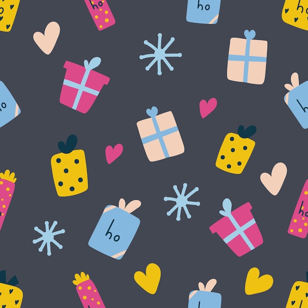 Seamless pattern of hand drawn christmas gift boxes Flat illustration on dark blue background