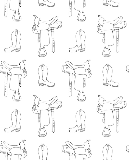 Seamless pattern of hand drawn cowboy western boot and saddle