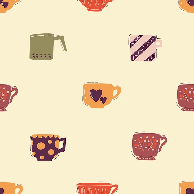 Seamless pattern of hand drawn cups Flat illustration for print design