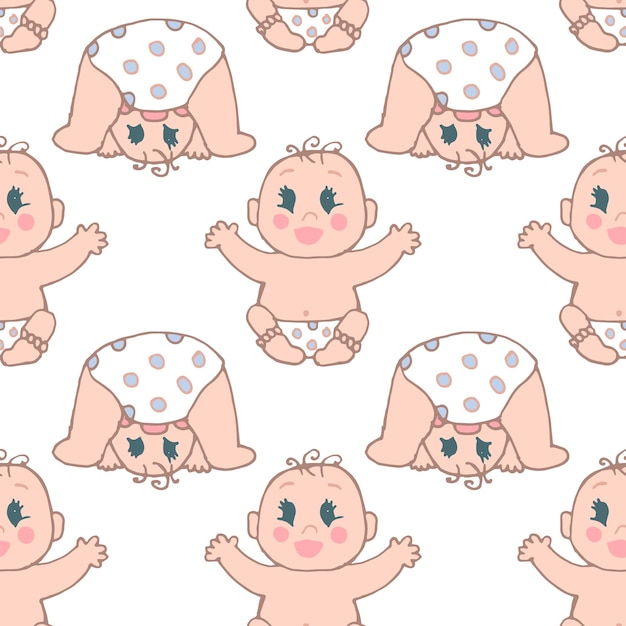 Seamless pattern, hand drawn cute babies on a white background