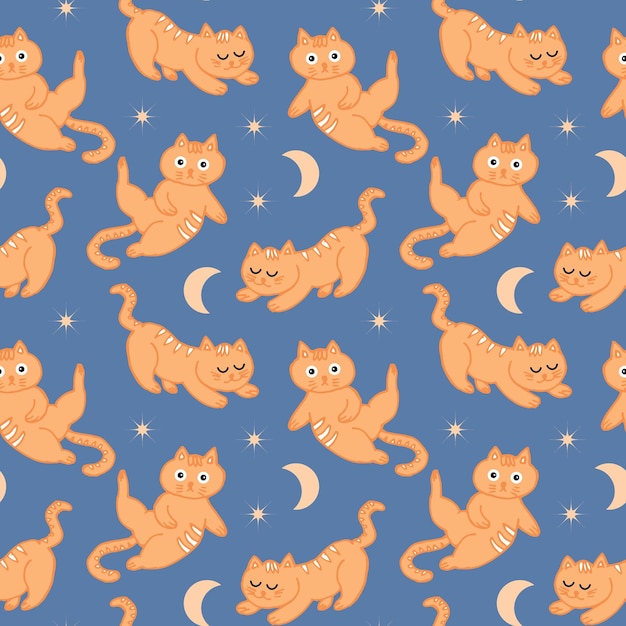 Seamless pattern hand drawn cute ginger kittens moon and stars on a blue background