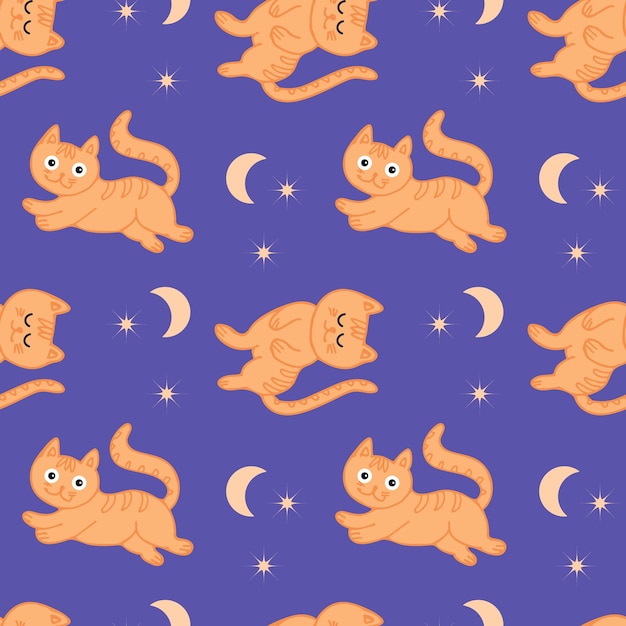 Seamless pattern hand drawn cute ginger kittens moon and stars on a blue background