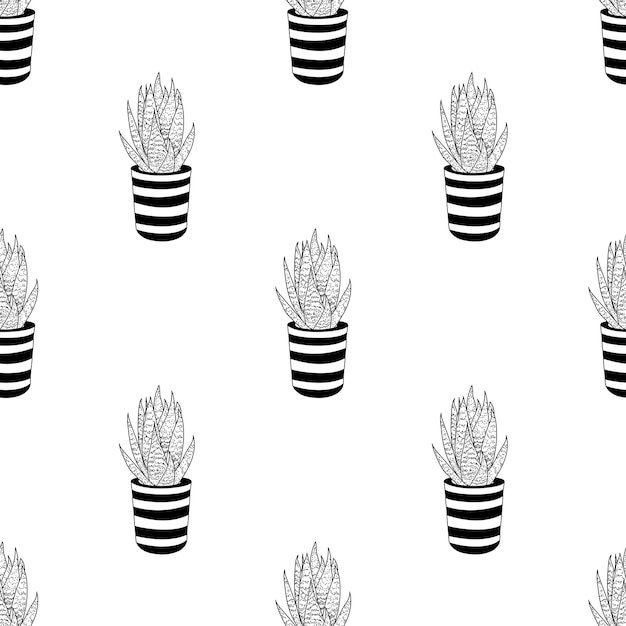 Seamless pattern of hand drawn doodle aloe vera in pot Black and white Line art cacti Hand drawn cute cactus for cardsposters fabric