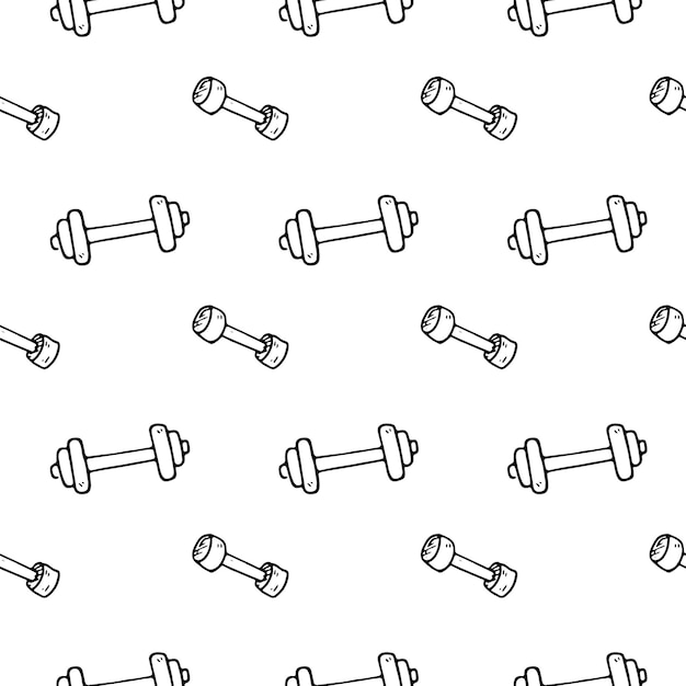 Seamless pattern hand drawn dumbbell. Doodle black sketch. Sign symbol. Decoration element. Isolated on white background. Flat design. Vector illustration.