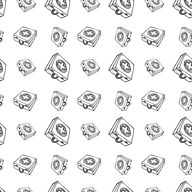 Seamless pattern hand drawn first-aid kit doodle. Sketch style icon. Decoration element. Isolated on white background. Flat design. Vector illustration.