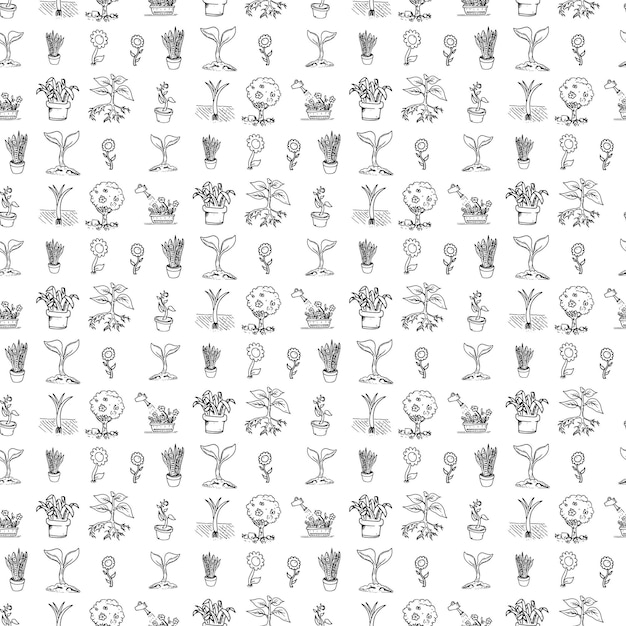 Seamless pattern hand drawn flowers and plants and tree. Doodle black sketch. Sign symbol. Decoration element. Isolated on white background. Flat design. Vector illustration.