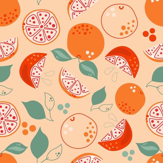 Seamless pattern of hand drawn grapefruits oranges with leaves Flat illustration