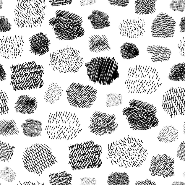 Seamless pattern of hand drawn hatched scribble symbols isolated on white