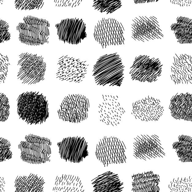 Vector seamless pattern of hand drawn hatched scribble symbols isolated on white