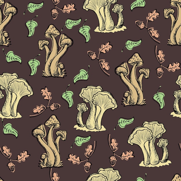 Seamless pattern, hand drawn mushrooms and leaves on a dark background