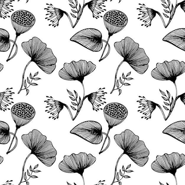 Seamless pattern hand drawn outline hatched poppies and leaves on a white background