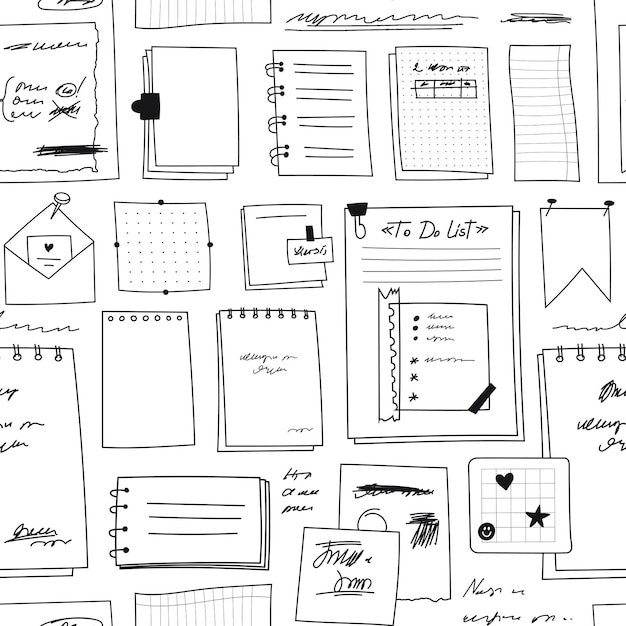 Seamless pattern of hand drawn paper notes on assorted paper