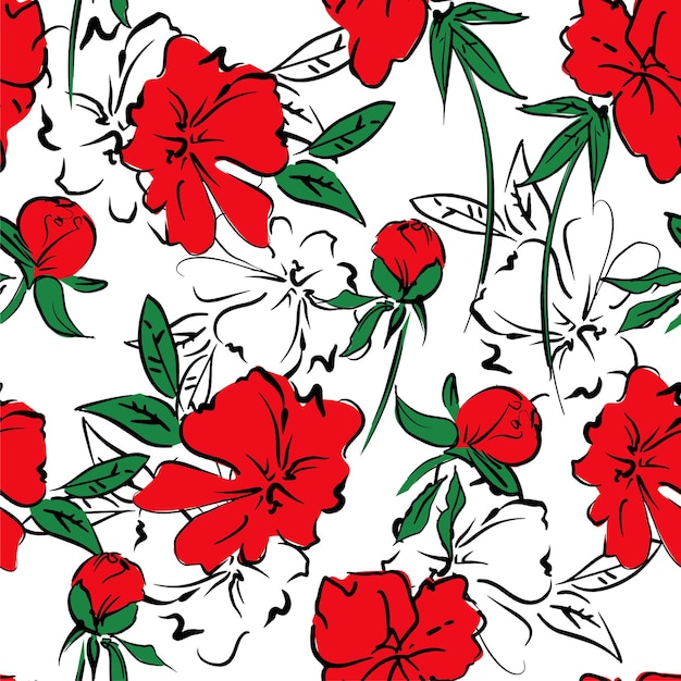 Seamless pattern hand drawn red peonies