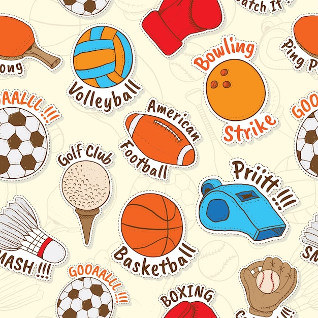 Vector seamless pattern of hand drawn sport equipment stickers