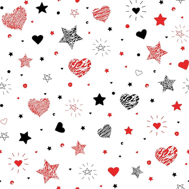 Seamless pattern of hand drawn stars and hearts