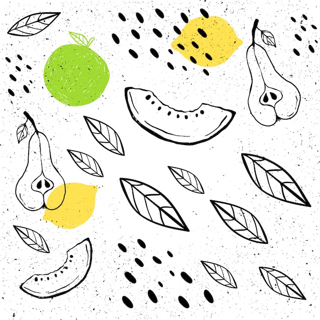 seamless pattern in hand-drawn style. Pear, melon, leaves, dots