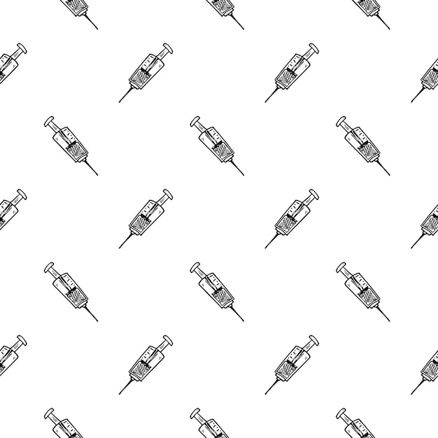 Seamless pattern hand drawn syringe doodle. Sketch style icon. Decoration element. Isolated on white background. Flat design. Vector illustration.