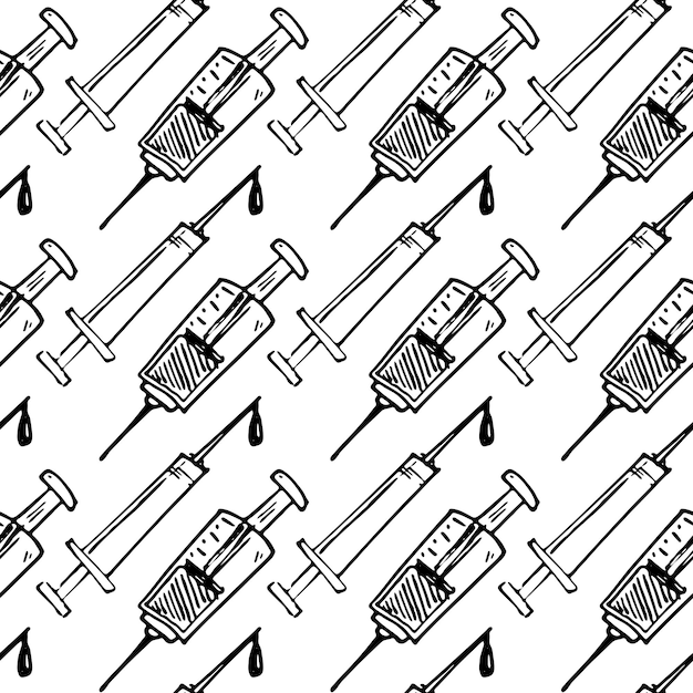 Seamless pattern hand drawn syringe doodle. Sketch style icon. Decoration element. Isolated on white background. Flat design. Vector illustration.