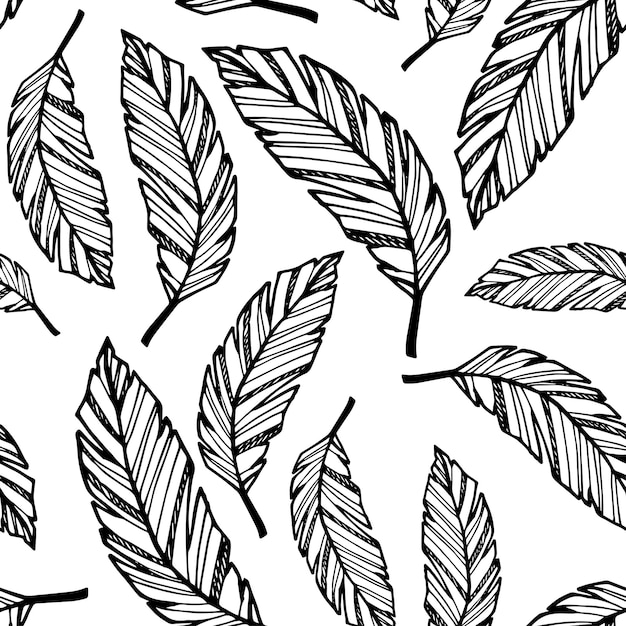 Seamless pattern hand drawn tropical plants leaf leaves In doodle style Vector illustration