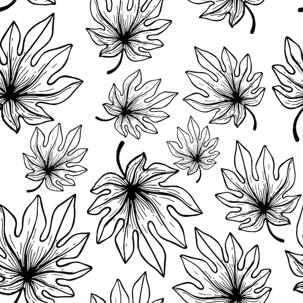 Seamless pattern hand drawn tropical plants leaf leaves In doodle style Vector illustration