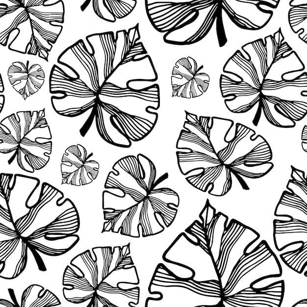 Seamless pattern hand drawn tropical plants leaf leaves In doodle style Vector illustration