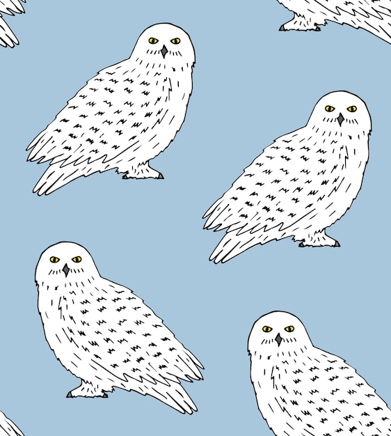 Seamless pattern of hand drawn white polar snowy owls