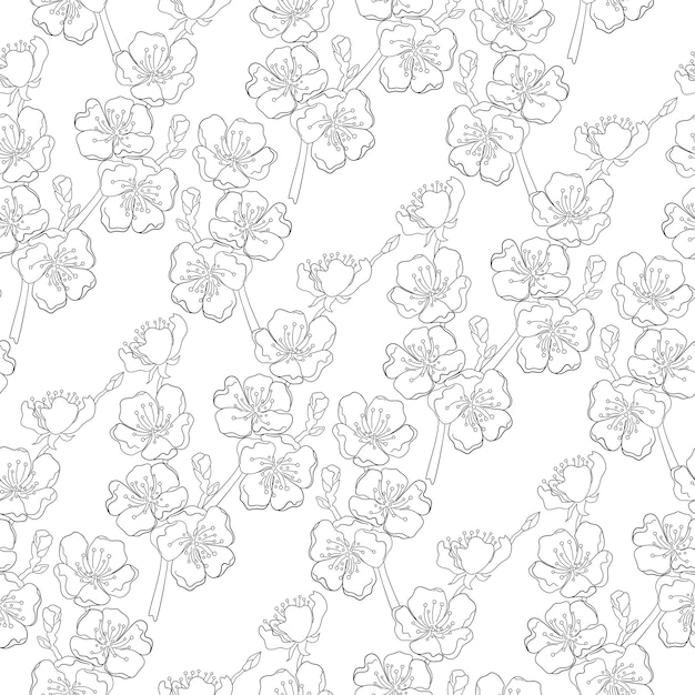 Seamless pattern of handdrawn flowering spring twigs on a white background