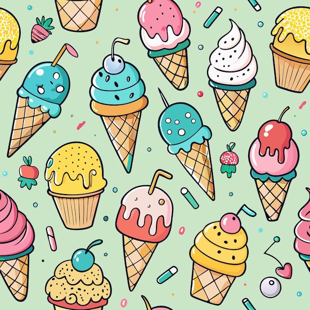 Seamless pattern of handdrawn ice cream cones and cupcakes in bright colors on a green background