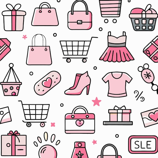 Seamless pattern of handdrawn shopping fashion and sale icons in pink and black