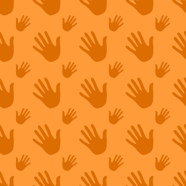 Vector seamless pattern handprints isolated on orange background