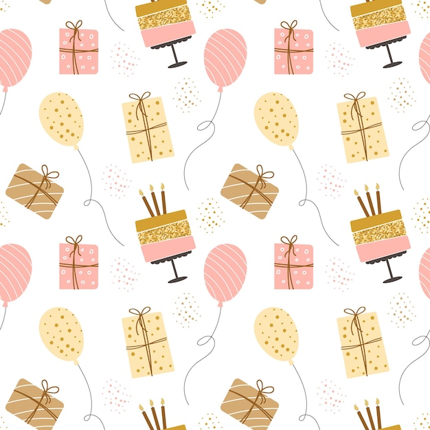 Seamless pattern Happy Birthday Cakes balloons gift boxes and party hats Festive background