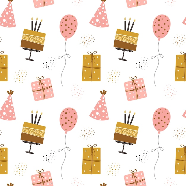 Seamless pattern Happy Birthday Cakes balloons gift boxes and party hats Festive background