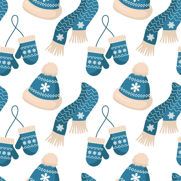 Seamless pattern, hats, scarves and mittens with snowflake ornament. Print, christmas background