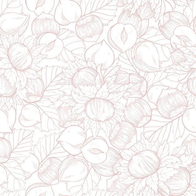 Seamless pattern Hazelnut many fruit nuts and kernels in sketch style Pale pink background for packing hazelnut or chocolate nut paste