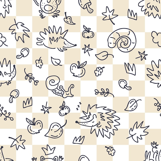 Seamless pattern of hedgehogs and autumn elements doodles on a checkered background Perfect for fabric scrapbooking textile and prints Hand drawn vector illustration for decor and design