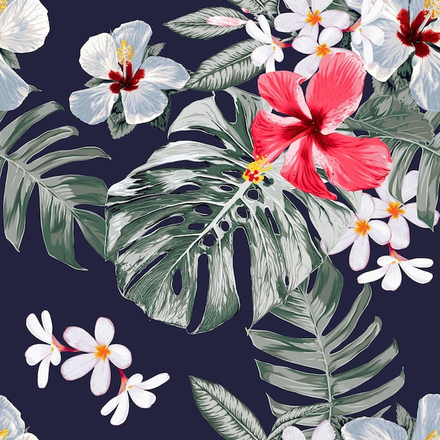 Seamless pattern Hibiscus and frangipani flowers monstera green leaf background