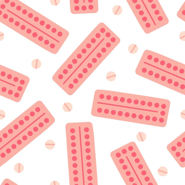 Seamless pattern hormonal oral contraceptives on a white background. Menstrual period, female health