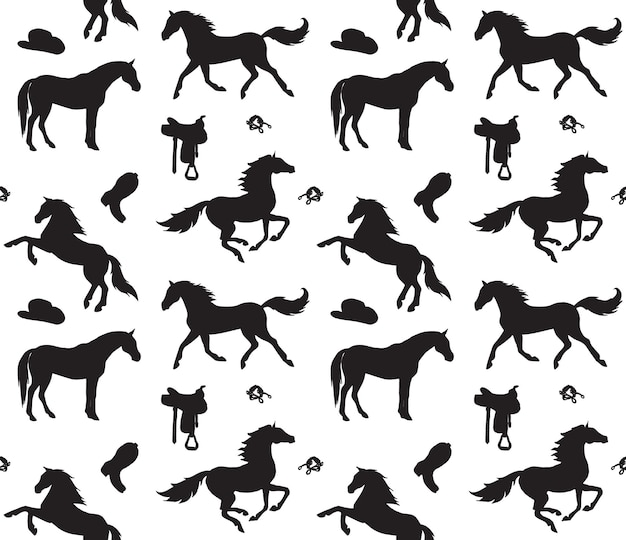 Seamless pattern of horses and cowboy western equipment silhouette