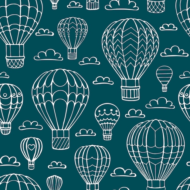 Seamless pattern hot air balloon and cloud Hand drawn outline doodle Vector illustration