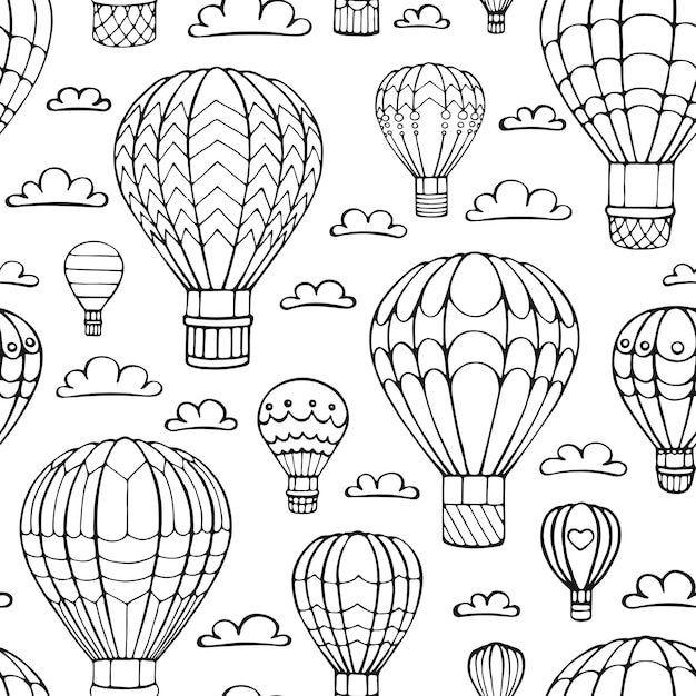 Seamless pattern hot air balloon and cloud Hand drawn outline doodle Vector illustration